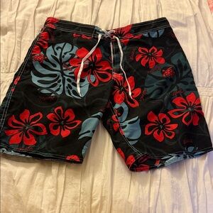 Hawaiian Floral Black and Red Women’s Swim Shorts